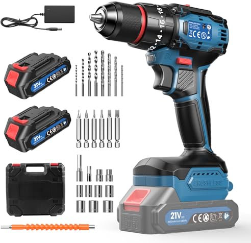 Akkuschrauber Bürstenlose Motor, Akku Bohrmaschine 21V Set mit 2 Akkus 2.0Ah, 20+3 Drehmomentstufen Akkuschrauber Set, 2-Gang, LED-Licht, 26 Tlg Zubehör und Koffer, Für Reparatur & DIY