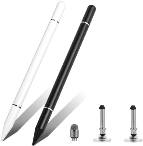Penna per Tablet 2 Pezzi, Stilo Capacitivo 2-in-1 con Accessori, Non Richiede Ricarica, Pronto all’Uso, Compatibile con Tutti i Tablet e Smartphone, Ideale per Scuola, Ufficio e Casa (Nero & Bianco)