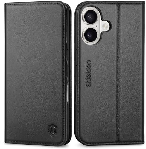 SHIELDON Echtleder Hülle für iPhone 17 6,3 5G 2025, Schwarz | Handyhülle, TPU Magnet Lederhülle, Schutzhülle, 3 Kartenfächer, Standfunktion, RFID Blocker, Handy-Ösen, Klapphülle