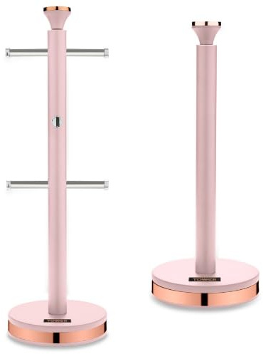 Tower Cavaletto Pink Mug Tree & Kitchen Roll Holder. Contemporary Matching Kitchen Storage Set in Pink with Rose Gold Accents.