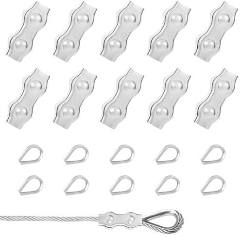 12 Stück Drahtseilklemmen, M4 Seilklemme+M4 Seilkausche, 304 Stahl Seilklemme für 4mm Stahlseil, Drahtseil Klemme Duplex für 4mm Drahtseil, Stahlkabel, Stahldraht