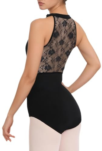DANSHOW Women Black Halter Ballet Leotard Floral Lace Mesh Back for Dance | Halter Neck Design, Floral Lace Mesh Back, Removable Bra Pad Pockets, Full Front Lining, Soft Skin Friendly Fabric