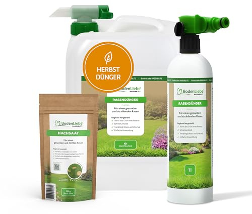 RASENBLITZ Rasendünger Herbst flüssig 10 L – flüssiger Rasendünger zur Vorbereitung vor dem Winter – inkl. 500 g Nachsaat & Sprühflasche – Ergänzung zu Rasensamen – Anwendung direkt am Gartenschlauch