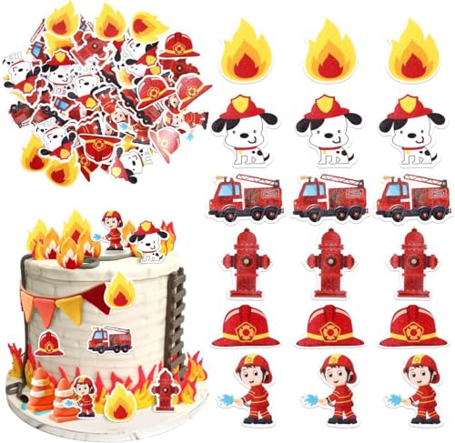 60 Stück Essbar Feuerwehrauto Tortendeko Waffelpapier Feuerwehr Auto Cupcake Toppers Essbar Feuerwehr Kuchen Deko für Motor Rettung Thema Baby Dusche Geburtstag Party Kuchen Dekorationen