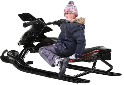 TFGXUE Slittino per bambini, slitta con freno a pedale e cavo di traino resistente, slitta con volante, cuscino regolabile in 3 posizioni, divertente slittino da neve, gioco da neve (Nero)