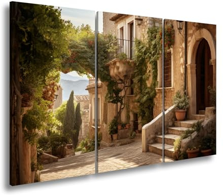 deyoli Leinwandbild Sonnenverwobene Gasse voller mediterraner Ruhe Format: 120x80cm (3Teilig) XXL Kunstdruck Bild auf Keilrahmen/Wandbild/Wohnzimmer Dekoration