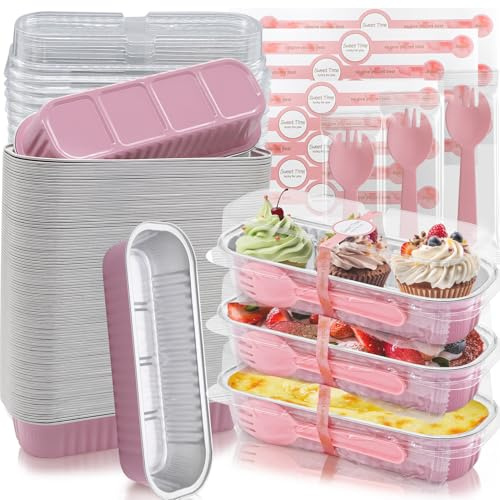 YuleNova 100 Sets Mini Loaf Pans with Lids and Reusable Spoons, 200ml(7oz) Rectangular Aluminum Tin Foil Pans Small Bread Loaf Cake Pan for Baking, Pink