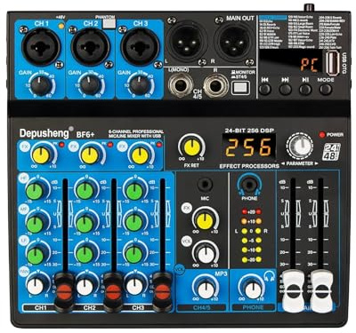 5-Channel Audio Mixer with USB & Bluetooth, Compact DJ Mixing Console with 256 DSP Effects, Live Streaming Sound Card for PC, Smartphone & Recording