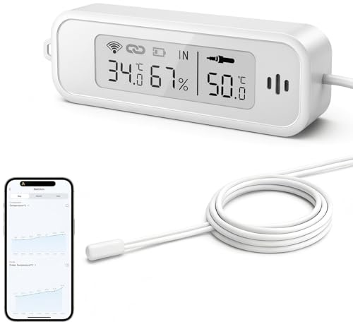 WIOONI WLAN Thermometer Hygrometer Innen, WiFi Temperatursensor mit Fühler und Tuya/Smart Life App für Pool, Teich, Aquarium, Gewächshaus, Terrarium, 1