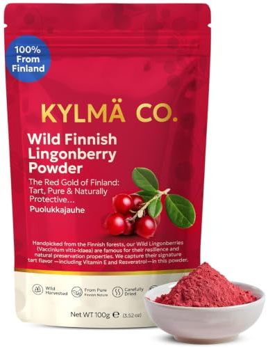 Kylmä Co. Polvere Di Mirtillo Rosso Selvatico 100 G | 100% Vaccinium Vitis-Idaea Della Finlandia | Essiccata All'Aria | Senza Zuccheri Aggiunti | Vegana | Senza Glutine | Senza Additivi