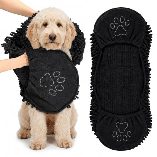 Vervora Dog Drying Towel Microfibre, Absorbent Chenille Pet Bath Cloth with Hand Pockets, Washable Puppy Towel for Muddy Paws, Rainy Walks, Grooming, Beach, Car (Black)