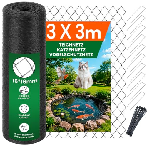 Teichnetz-3x3m I Vogelschutznetz Katzennetz für Balkon, Witterungs | UV-beständig I Teich Netz feinmaschig (16x16mm) I Netz zum Schutz von Teich, Balkon, Kirschbaum & Mehr (3 X 3m)