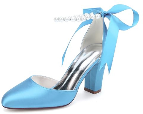 Chaussures de Mariage pour Femmes à Bout fermé, Talons carrés épais avec Perles, Escarpins en Satin, Brides à la Cheville, Chaussures de soirée pour Bal et fêtes