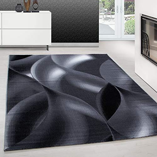 Teppium Moderner Kurzflor Teppich Wohnzimmer 200x300 (200 x 290 cm) Schwarz - Waschbarer Teppich, Abstrakt Wellen Design, Pflegeleicht, Weich - Ideal für Schlafzimmer, Esszimer und als Küchenteppich