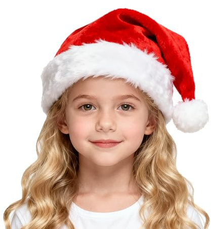 SULOLI Santa Hat Kids,1 Piece Soft Plush Xmas Santa Hat for kids with Thicken Classic Fur for Christmas Costume Party Supplies（for Age 3-5）