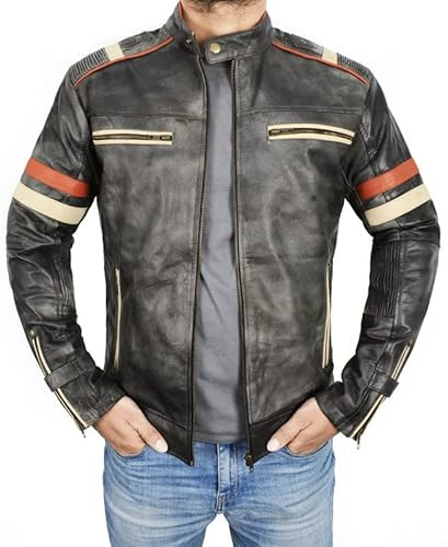 E-Genius Giacca in pelle da motociclista, da uomo, stile vintage Cafe Racer, stile retrò, effetto invecchiato, nero e marrone, giacca in pelle da motociclista, giacca in pelle invecchiata, Giacca in