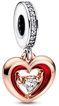 Pandora Moments Colgante con diseño de corazón abierto de plata de ley y chapado en oro rosa de 14 quilates, con circonitas cúbicas transparentes y esmalte rojo