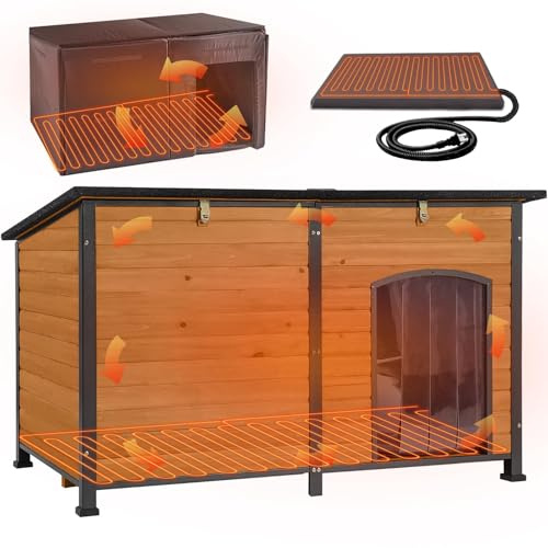 Aivituvin Extra Large Outdoor Dog House with Insulated Liner, Waterproof Heated 59'' Dog Kennel for Small Medium Large Dog with All-Around Iron Frame (Brown, XL)