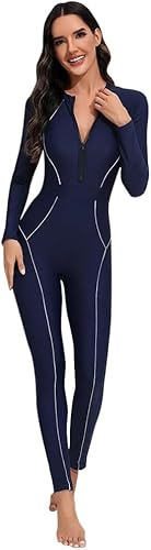 LLECDASEUI Mujer Con cremallera De una pieza Bañador de cuerpo entero Manga larga Pantalones largos Lycra con sujetador incorporado Bañador (M,Azul marino)