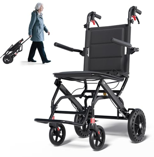 Lightweight Transport Portable Folding Wheelchair, Ultra-Light Wheelchair (Only 17lbs) with Telescopic Handle & Cupholder for Adults Seniors Kids,Support 220lbs