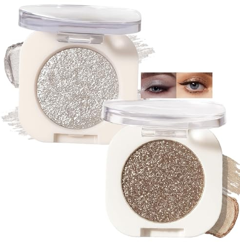 2-Piece Pressed Powder Eyeshadow Set, Silver Sparkle and Mocha Shimmer | Each Pan In A Light-Coloured Compact With A Hinged Clear Lid, For Neutral Daytime Looks Or Reflective Evening Accents