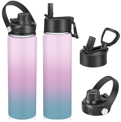 Isolierte Edelstahl-Wasserflasche,22oz/650ml Trinkflasche mit Strohhalm und 2 Auslaufsichere Deckel, Sport-Trinkflasche für Sport, Reisen, Fitnessstudio（Rosa, Lila und Blau)