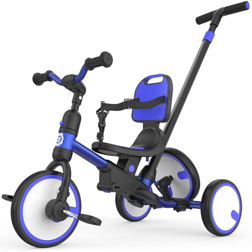 Besrey Triciclo Bambini 5 in 1 – Triciclo Evolutivo con Maniglione e Ruota di Scorta, Bici Senza Pedali per Bambini da 18 Mesi Dotato di Schienale e Cintura, Regalo Compleanno per Bambini (Blu scuro)