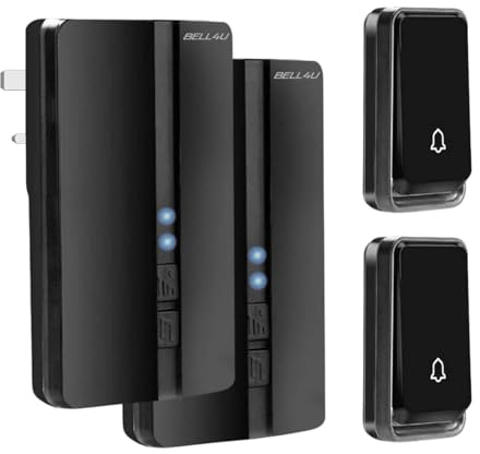 Bell4U Wireless Doorbell Kit, 2 Plug-in Receivers + 2 Push Buttons, No Batteries Needed, 700 feet Long Range, 51 Chimes, 4 Volume Levels, IP65 Waterproof, Easy Plug & Play – Black