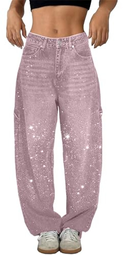 2025 Jeans Haren Larghi con Strass Casual Primaverili da Donna Pantaloni Vintage in Denim a Vita Alta Pantaloni Larghi con Strass a Vita Alta Jeans Lucidi Dritti a Gamba Larga deals of the day