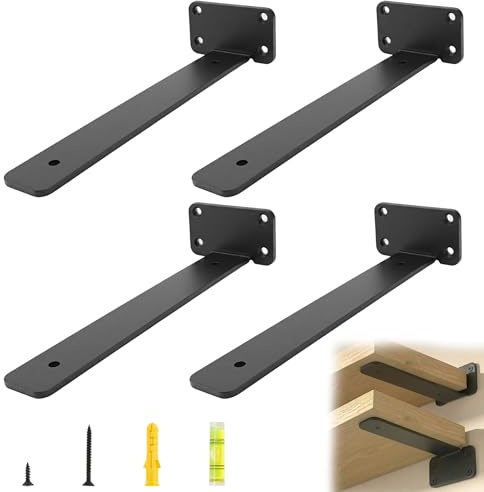 ERMWALR 4Pcs Heavy Duty Shelf Brackets 20cm,Scaffold Board Shelf Brackets,Black Wall Mounted L Shape Hidden Bracket with Screws Cold Rolled Steel Floating Shelving Supports for Kitchen Living Room