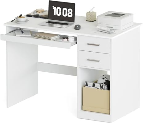 Mondeer Schreibtisch mit 2 Schubladen, 105 x 48 cm Computertisch mit Tastaturauszug, Bürotisch Moderner für Büro Heimbüro Arbeitszimmer Schlafzimmer, Weiß