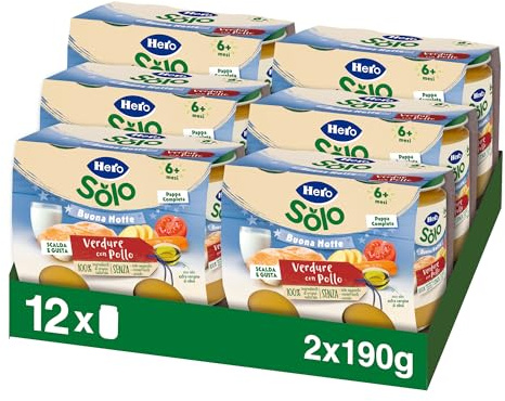 Hero Solo Pappa Completa Verdure con Pollo, Ideale per la Cena - Scalda e Gusta - con Olio Extravergine di Oliva - Per bambini dai 6 mesi - 6 x (2x190 g)