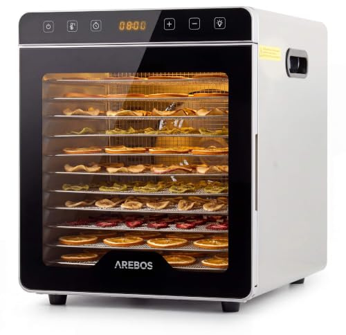 Arebos Dörrautomat Edelstahl 800W | Dehydrator mit 12 Gittern & 29L | Dörrgerät für Obst, Gemüse, Kräuter, Pilze, Fleisch & Fruchtleder | LED-Innenbeleuchtung | Touchdisplay | 30-85°C | 24h Timer