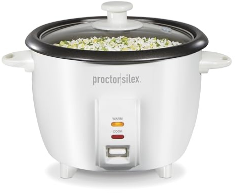 Proctor Silex Rice Cooker & Food Steamer, 10 Cups Cooked (5 Cups Uncooked), Includes Steam and Rinsing Basket, White (37533G)