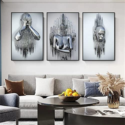 SWECOMZE 3er Kunst Modern Poster Set - 3D Metallfigur Statue Kunst Liebe Herz Kuss Bilder Wandkunst Deko - Ohne Rahmen - Wanddeko Wand Wohnzimmer Wanddekoration Deko (B,40X50cm)