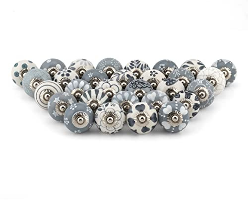Craft Trade Grau Türschrankknopf Boho Antik Keramik-Türknöpfe Kommode Schublade Zieht Hardware Knöpfe fur Küche Möbel Messing und Schrank - 30 Stück