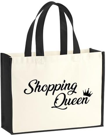 Huuraa Jutetasche Shopping Queen Geschenk | Großer Shopper 21 Liter Juteshopper Black Tasche aus Jute und Baumwolle Einkaufstasche Geschenkidee Tragetasche mit Motiv