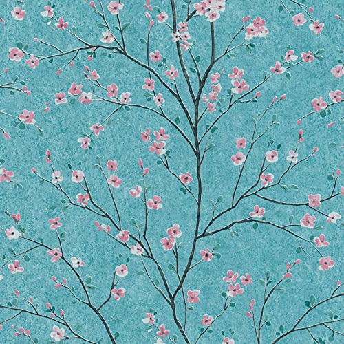 Papier peint fleur de cerisier bleu salle de bain | Tapisserie motif floral chambre & salon | Papier peint japonais intissé turquoise