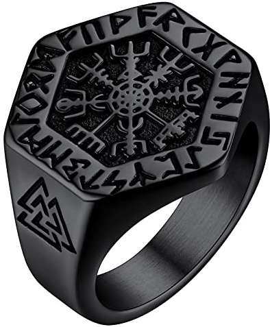 FaithHeart Schwarz Fingerring in Größe 72.8 Wikinger Vegvisir Ring mit Rune Symbol Punk Nordischer Ring mit Geschenkebox für Freunden Ehemann