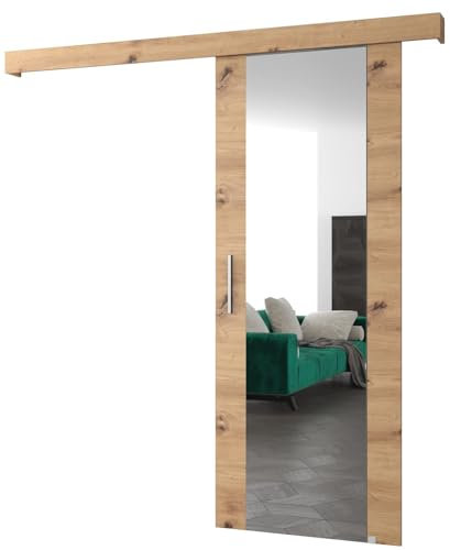 ABIKSMEBLE Salwador 2 Système de Porte Coulissante avec un Cache Rail et Miroir - Portes Coulissantes Murales Intérieures - Construction Solide - 90 x 204 cm - Artisan
