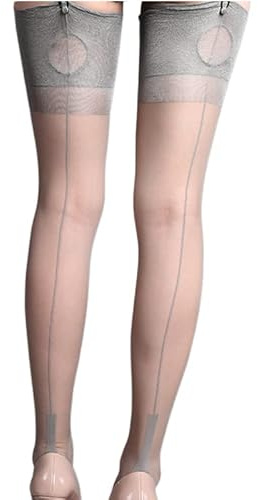 Manguo Women's Thigh High Sheer Stockings Antiskid Silicone Ultra Shimmery Contrast Top Cuban Heel Backseam Stockings Grey