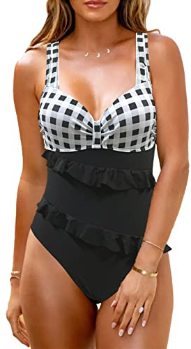JFAN Costume Intero Donna Piscina Push up Costume Donna Mare Costumi Interi Curvy con Doppio Volant Controllo Pancia Plaid L