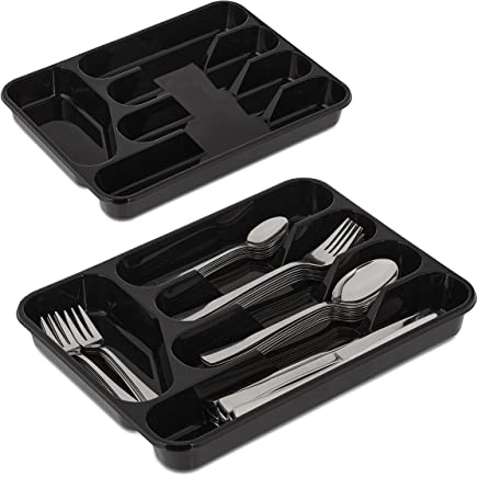 Relaxdays Besteckkasten für Schubladen, 2er Set, HxBxT: 4 x 24,5 x 32,5 cm, 5 Fächer, Besteckeinsatz Kunststoff, schwarz