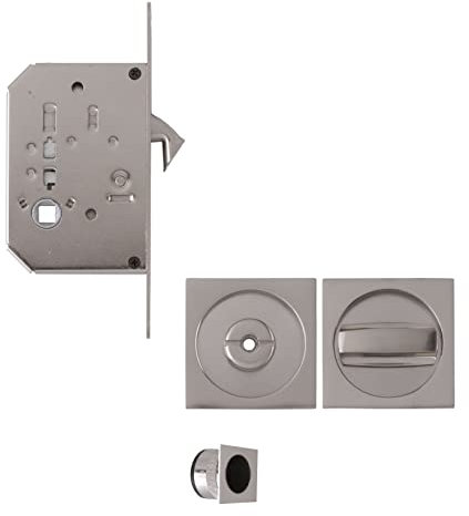 Set kit chiusura chiavistello per porta scorrevole, con rosette quadrate con chiusura e sblocco serratura intarsiata con gancio misura di rosette incassate 56 x 56 mm (NIQUEL MATE)