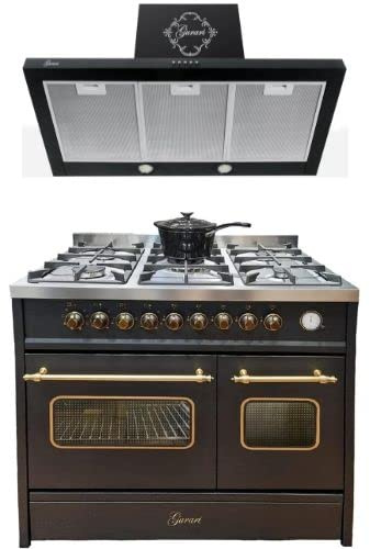 Gurari Gas elektrisk stående spis GCH E 916 BL+ 461 9 BL Prime, köksfläkt 90 cm, huvudskydd svart glas, 1000 m3/h/range coocker/89 L/8 funktioner/rostfritt stål/inkl. WOK-adapter