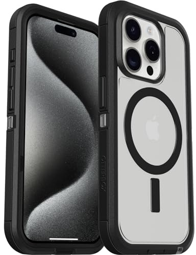 OtterBox Defender XT Hülle für iPhone 15 Pro mit MagSafe, stoßfest, Ultra-robust, schützende Hülle, 5X getestet nach Militärstandard, Transparent/Schwarz