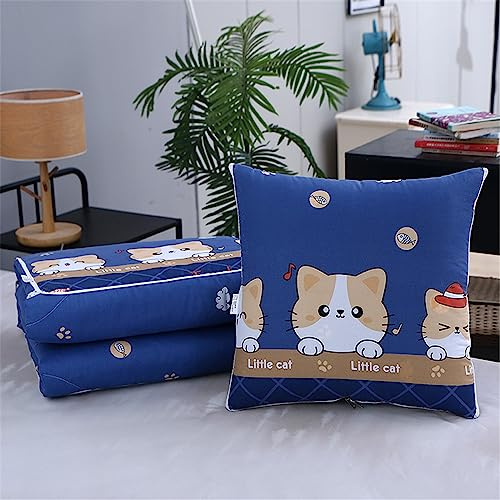 Surwin Couverture et Oreiller de Voyage 2 en 1, Couvre-lit d'été Convertible en Coussin, Courtepointe Léger Adapté au Sommeil en Voiture, au Bureau et en Avion (Chat Bleu,150x200cm)
