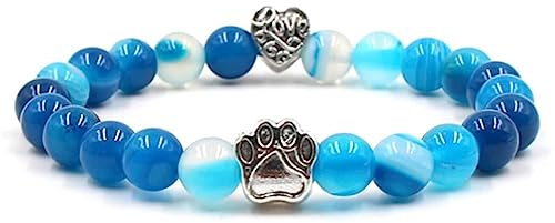 AMDXD SCHMUCK Armband mit Anhänger Pfote Love Herz für sie und ihn, Achat Perlen Armband 8mm, Tolle Geschenkidee, Blau