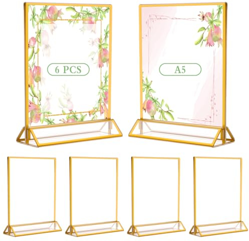 ANZOAT 6 Stück Tischaufsteller A5 Bilderrahmen Goldenes,Doppelseitige Thekenaufsteller,21×15CM Acryl Aufsteller T-Ständer Werbeaufsteller für Hochzeit Tischnummern,Speisekartenhalter,Fotorahmen