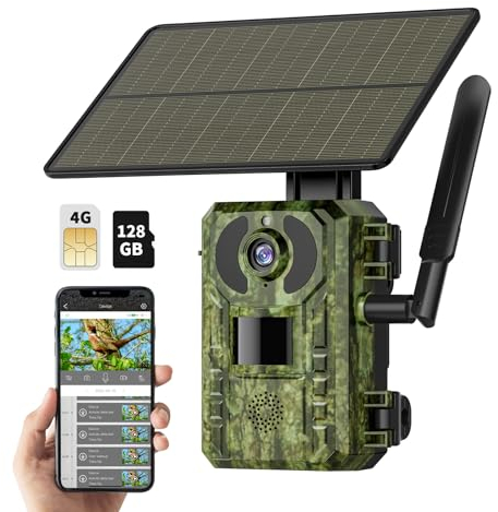 kebruma Caméra de Chasse 4G, Vidéo en Direct 2.7K, Solar Caméra de Chasse avec Carte SIM et Carte 32GB Carte Mémoire, Nocturne pour la Surveillance de la Faune, 0,2s Temps d'activation, IP66 Etanche